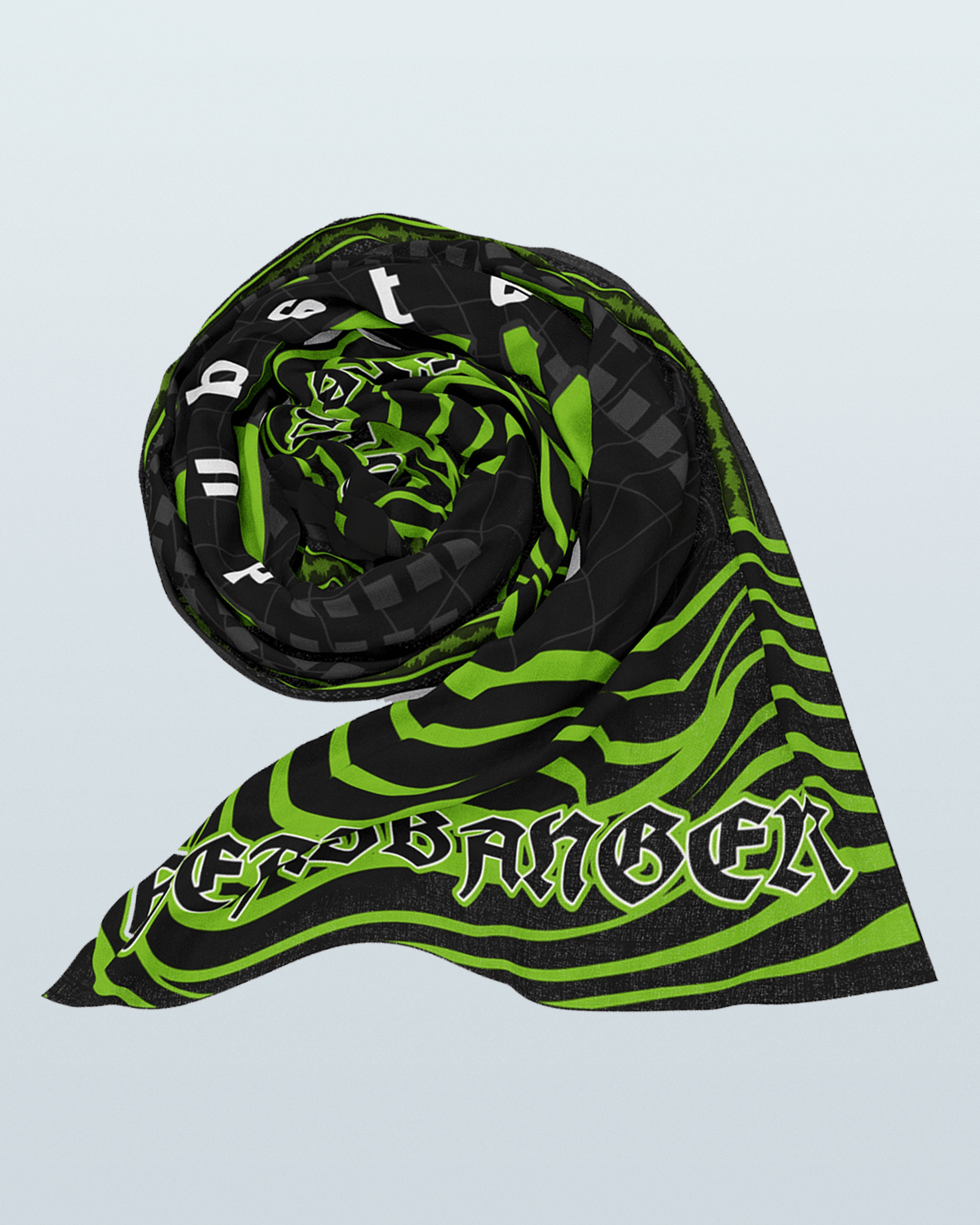 Rolled Dubstep Festival Scarf in black and green, perfect for rave clothing and celebrating electronic music culture.