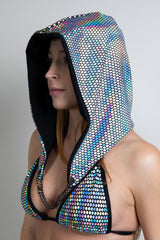 Side view of model in a holographic Disco Assassin Hood.