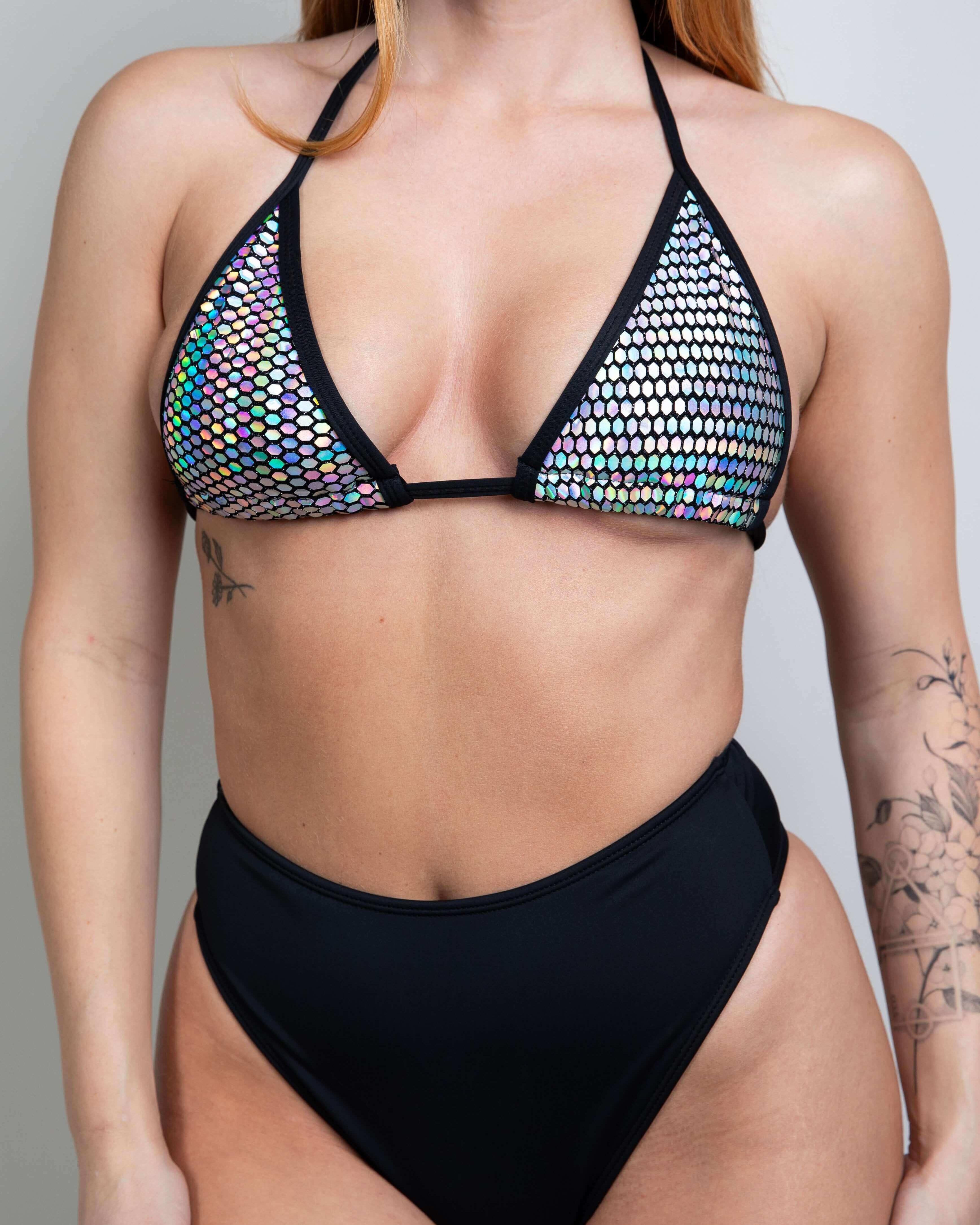 Disco bikini top with adjustable triangle cups, perfect for rave outfits and vibrant summer festivals.