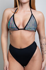 Model wearing a holographic Disco Bikini Top.