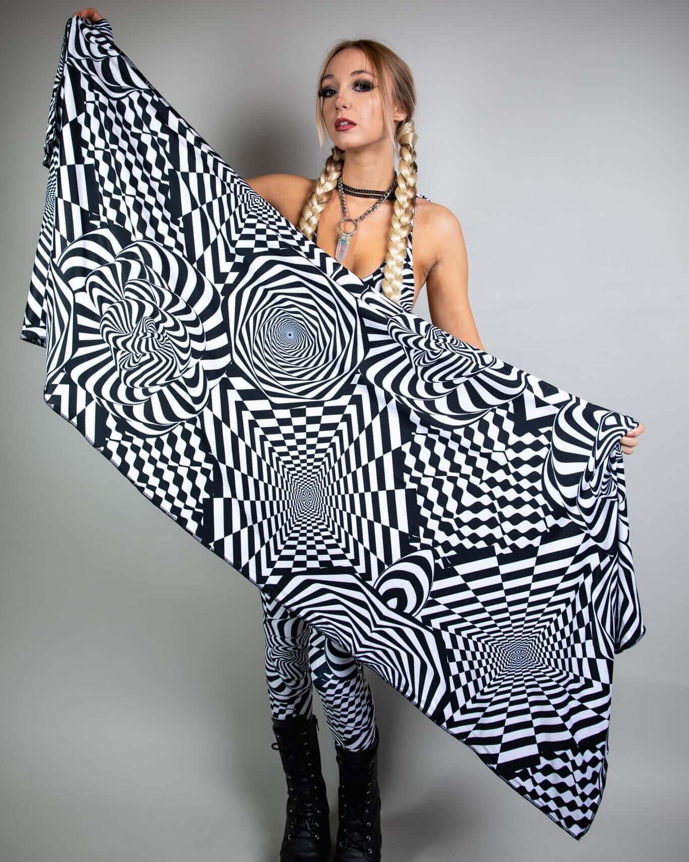 Woman showcasing a Distortion Festival Scarf with vibrant optical patterns, perfect for rave outfits and festival attire.