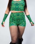 Dominion High Waist Shorts featuring dinosaur detail in sacred geometry, perfect rave bottoms for dancefloor adventures.