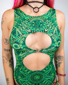 Dominion Keyhole Bodysuit featuring bold green design and striking keyhole cutout, perfect for rave events.