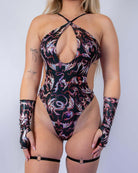 Front view of the Drakonis Halo Bodysuit showcasing its unique cut and details.