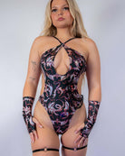 Front view of the Drakonis Halo Bodysuit featuring adjustable straps and a bold design.