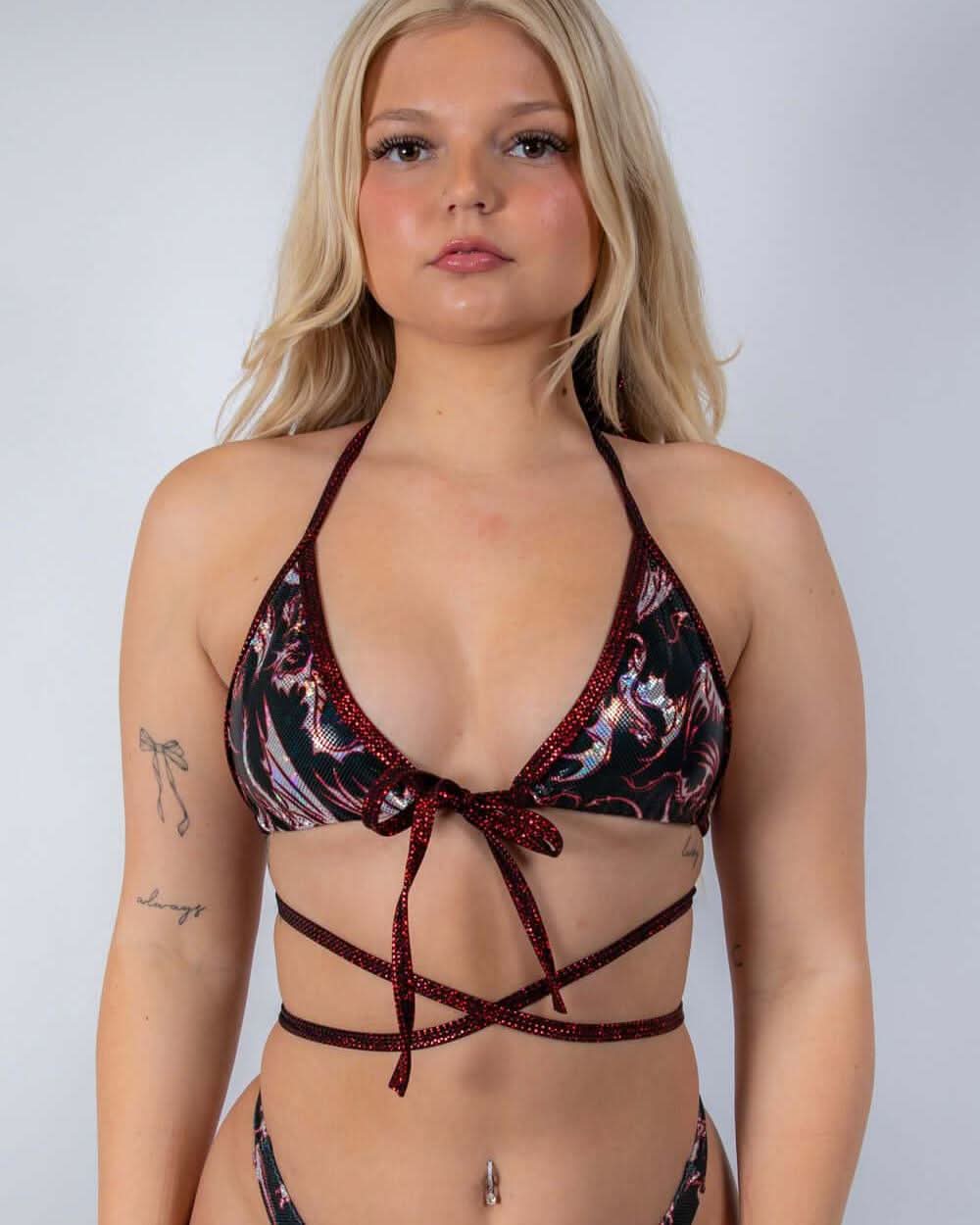 Front view of the Drakonis Wrap Bikini Top showing the fit and cross straps