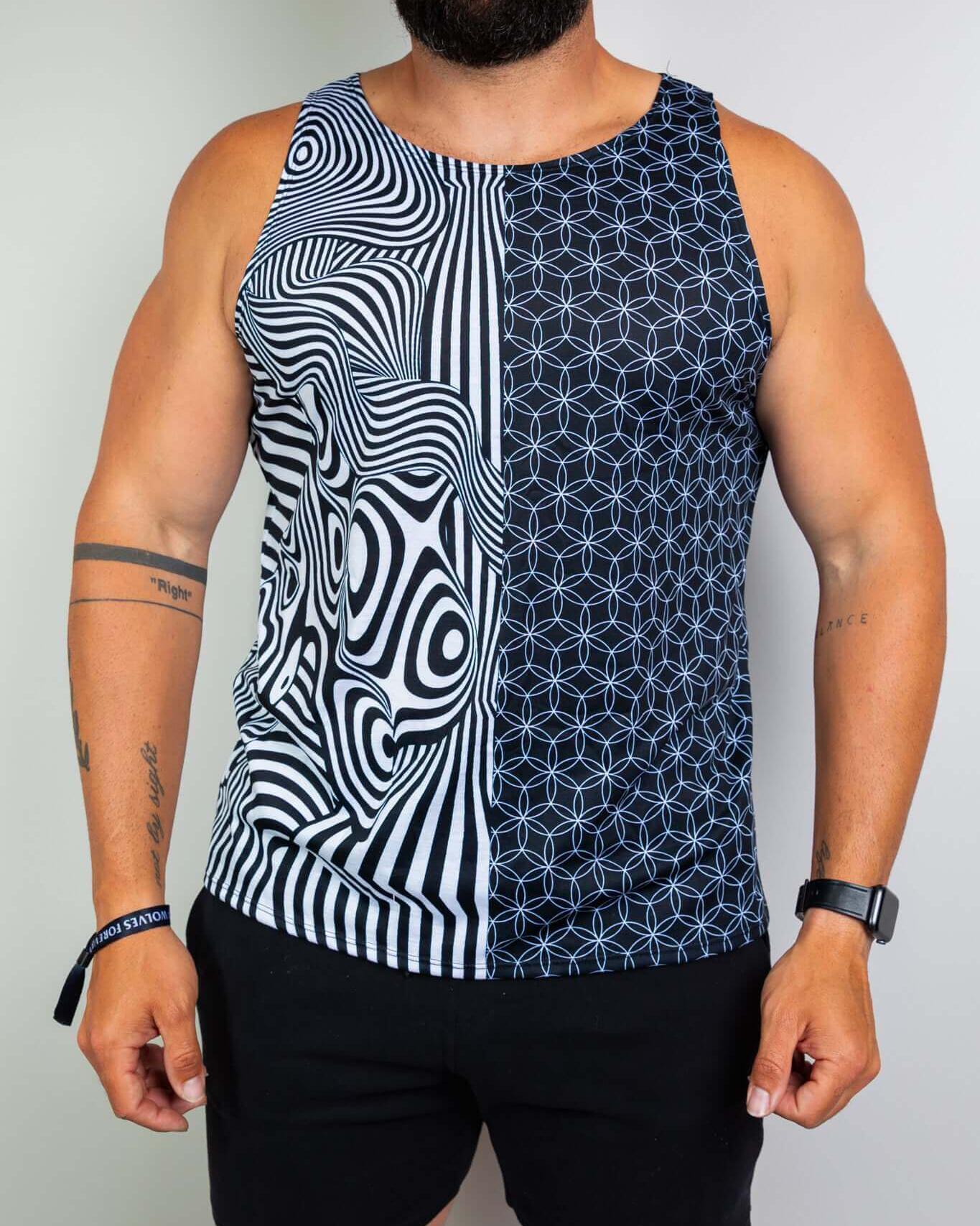 Duality Unisex Tank Top featuring a black and white graphic print, perfect for rave outfits and expressing dual style.