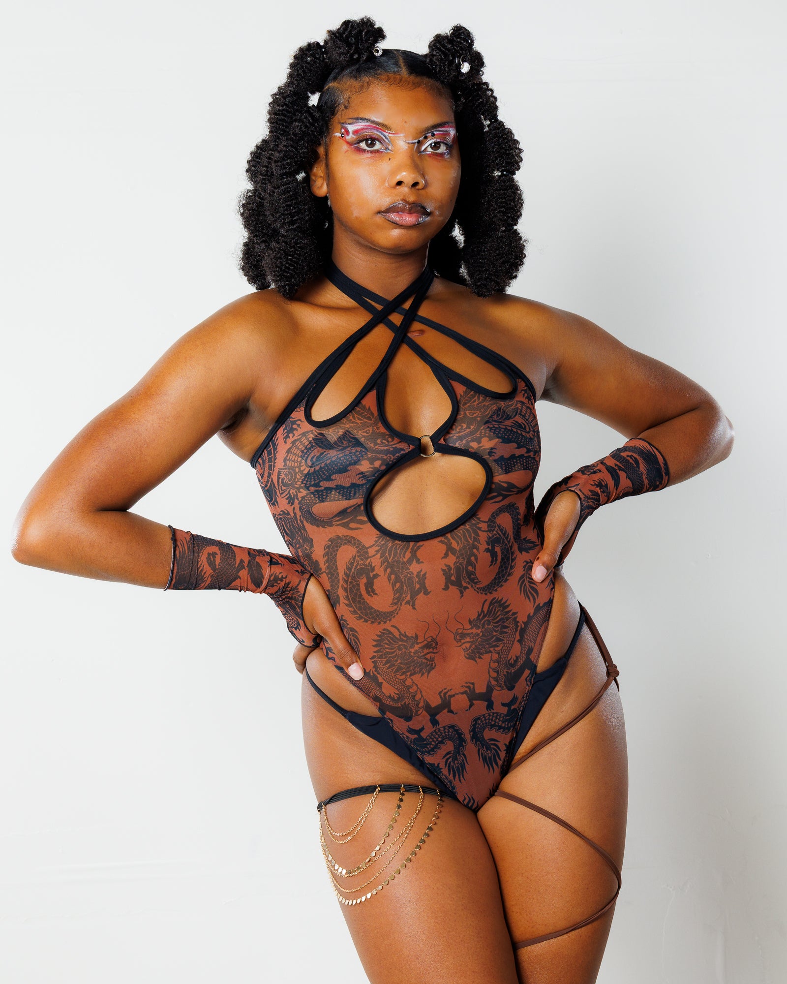 Dynasty Cross Faded Bodysuit - Caramel - rave bodysuit - front view - Freedom Rave Wear