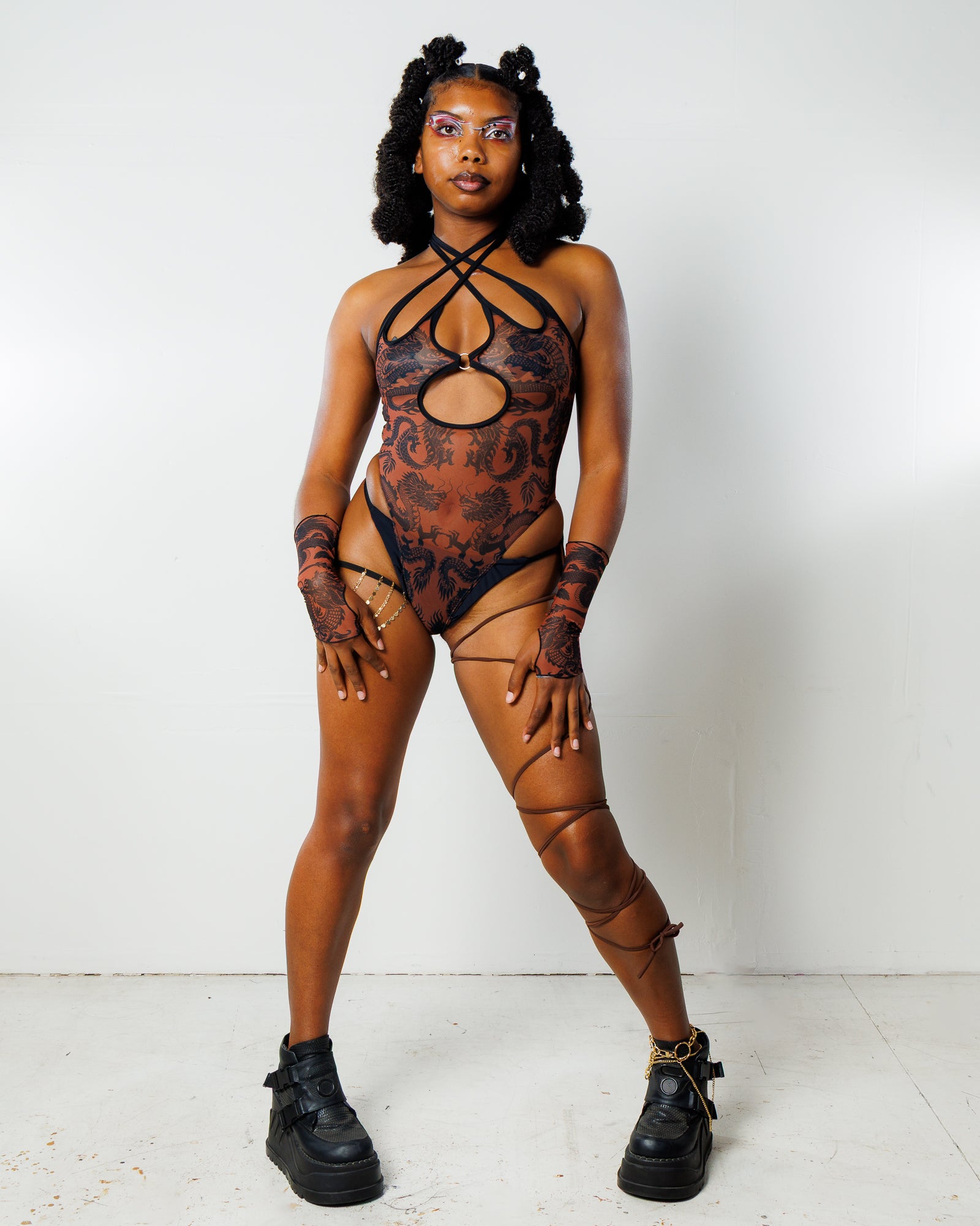 Dynasty Cross Faded Bodysuit - Caramel - rave bodysuit - styling view 8 - festival fashion