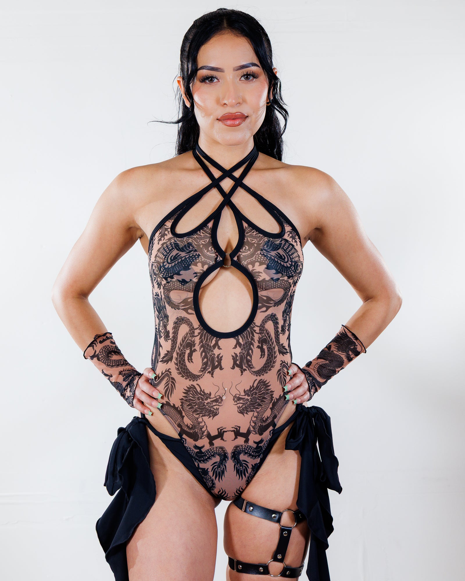 Dynasty Cross Faded Bodysuit - Nude - rave bodysuit - front view - Freedom Rave Wear