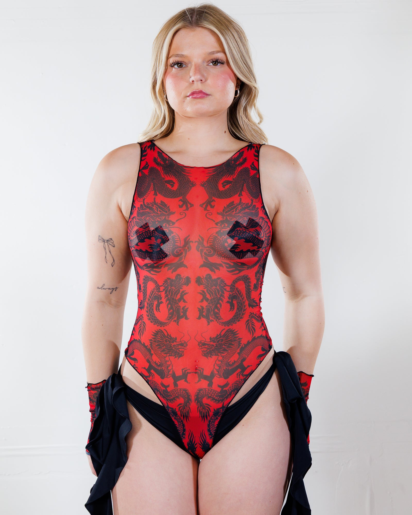 Dynasty High Neck Bodysuit - Red - rave bodysuit - front view - Freedom Rave Wear