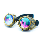 Steampunk Goggles and Kaleidoscope Glasses with gradient crystal lenses and elastic band for cosplay and rave outfits.
