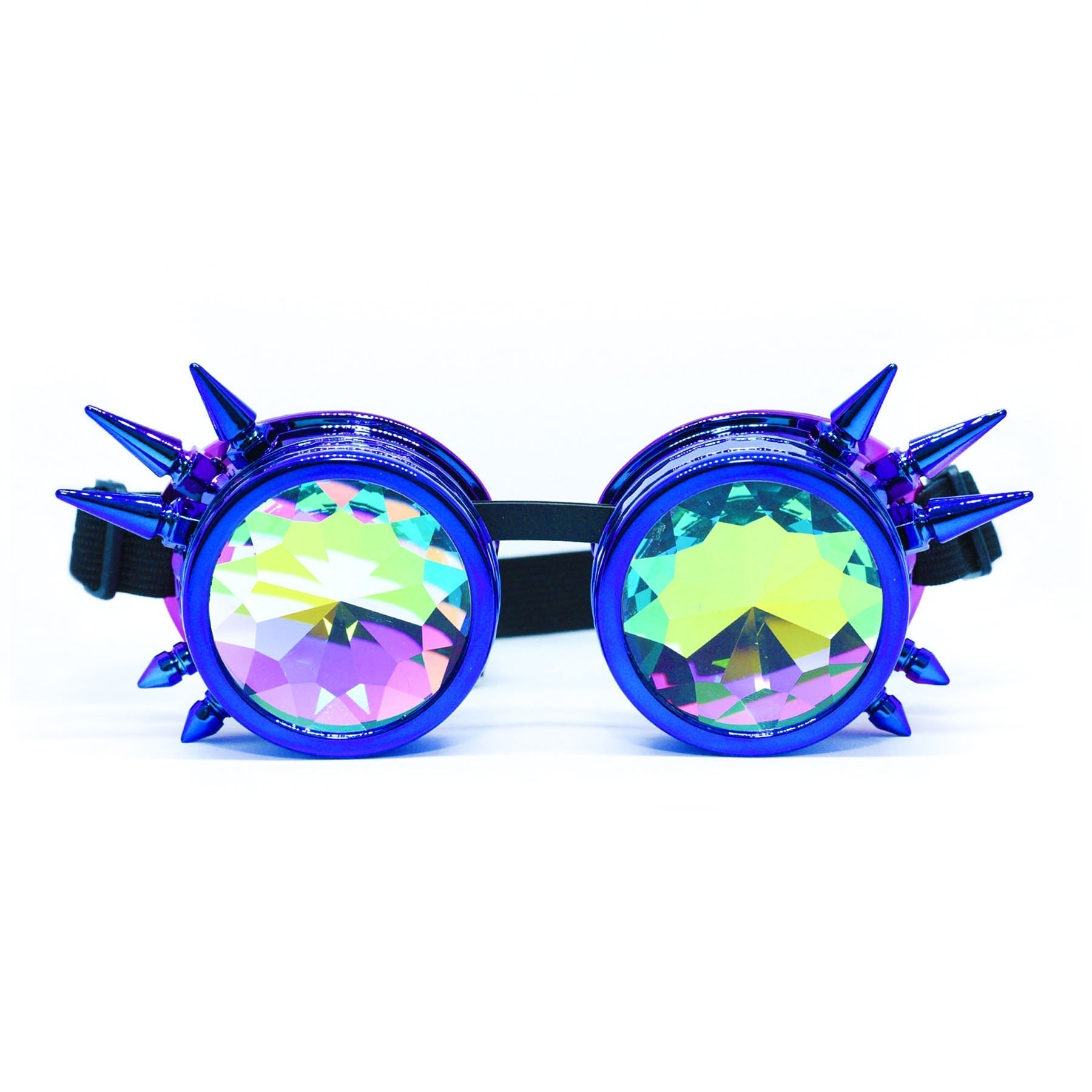 Steampunk Goggles and Kaleidoscope Glasses with colorful gradient lenses and spikes, perfect for rave outfits.