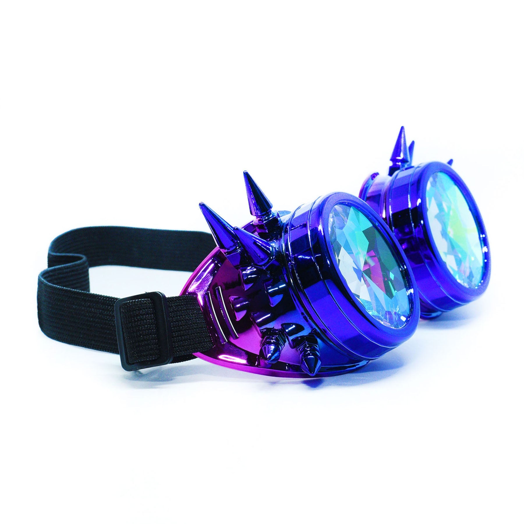 Steampunk Goggles and Kaleidoscope Glasses with spiked design and colorful lenses for rave outfits.