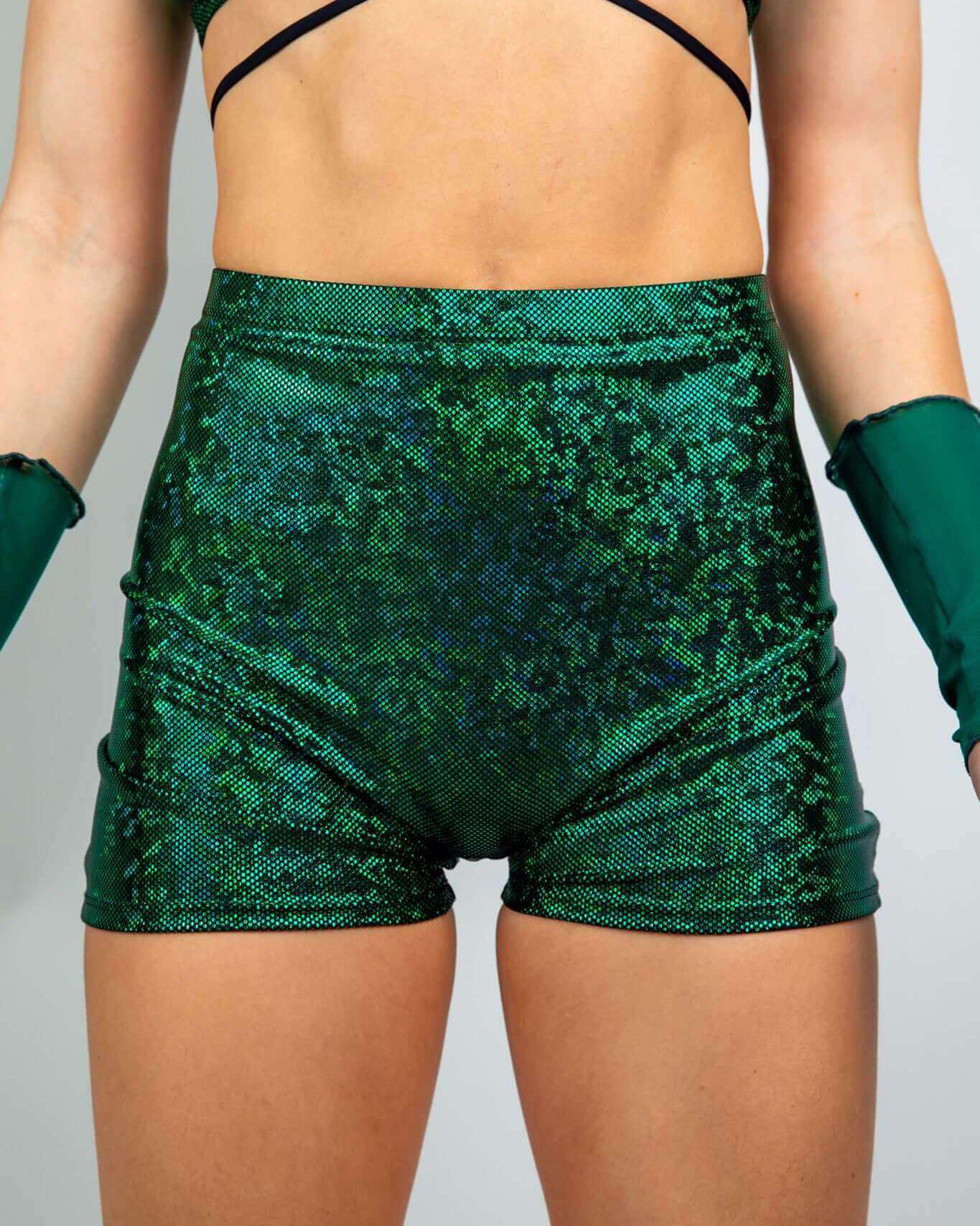 Emerald holographic high waist shorts perfect for rave outfits, featuring a seamless front and 1-inch waistband for comfort.