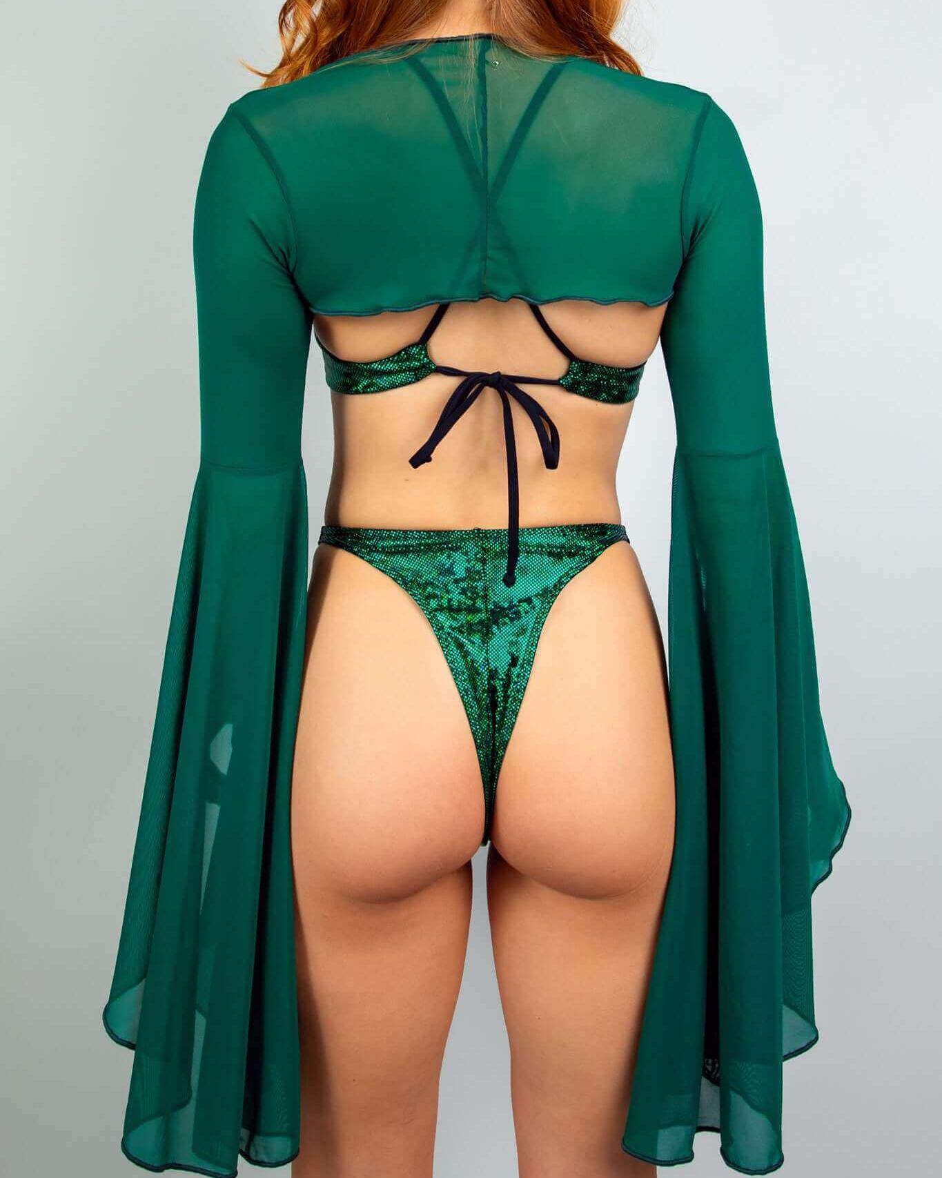 Emerald mesh bell sleeves paired with a green back bikini, perfect for trendy rave outfits.