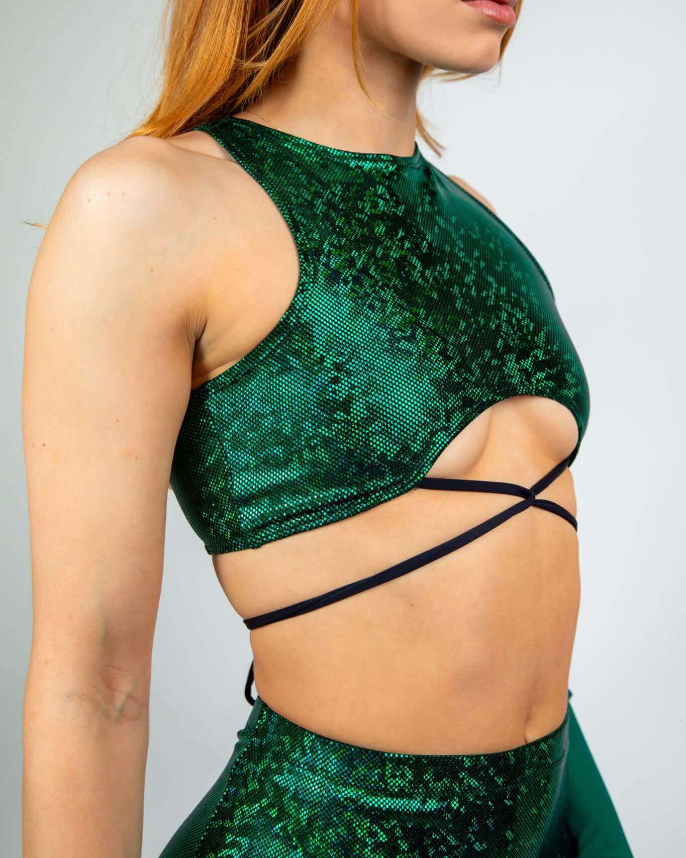 Emerald Holo Teaser Top with straps, perfect for rave outfits, showcasing underboob cut and stylish crisscross design.