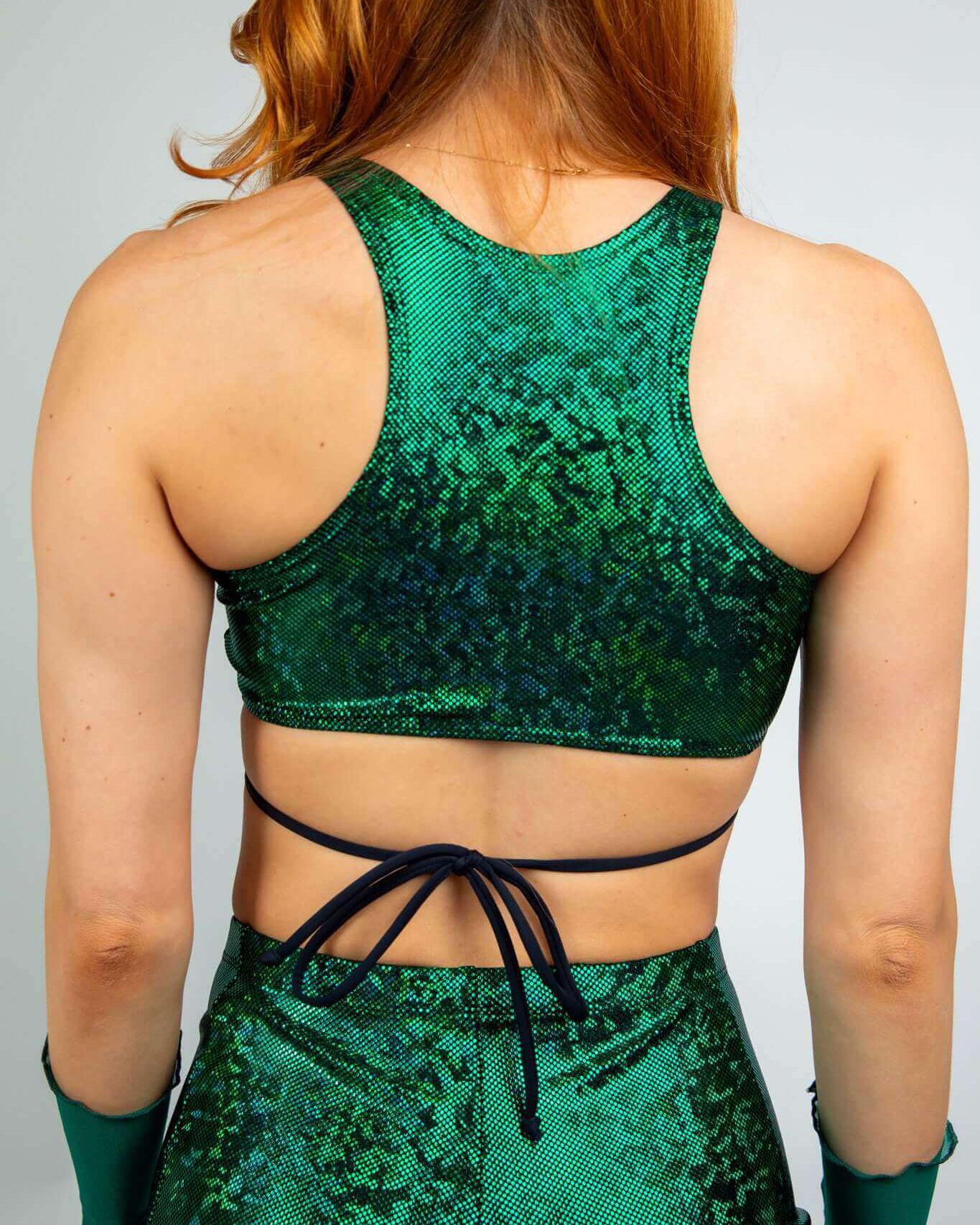 Back view of emerald green Teaser Top with crisscross straps, perfect for rave outfits and stylish events.