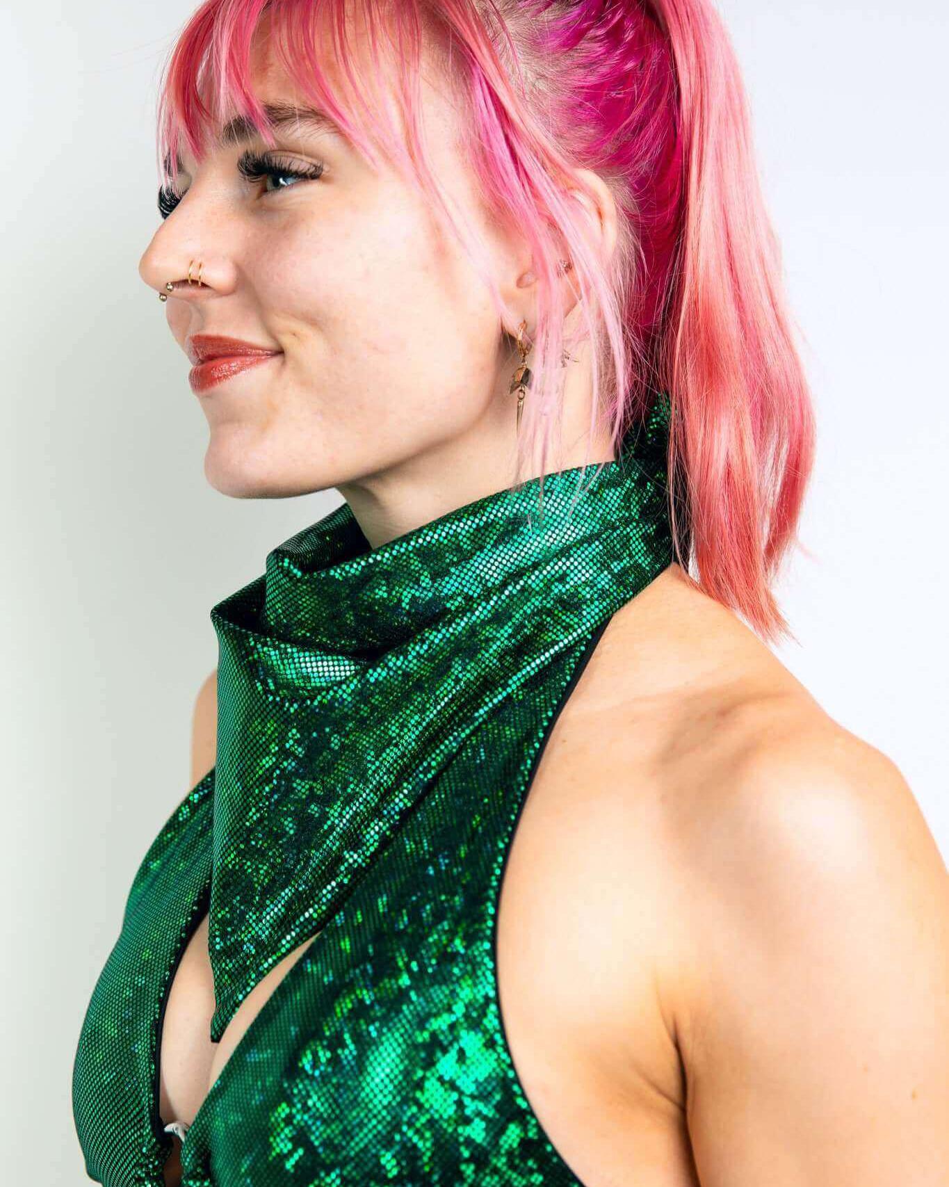 Woman showcasing a green holographic bandana styled as a fashionable accessory, perfect for rave outfits.