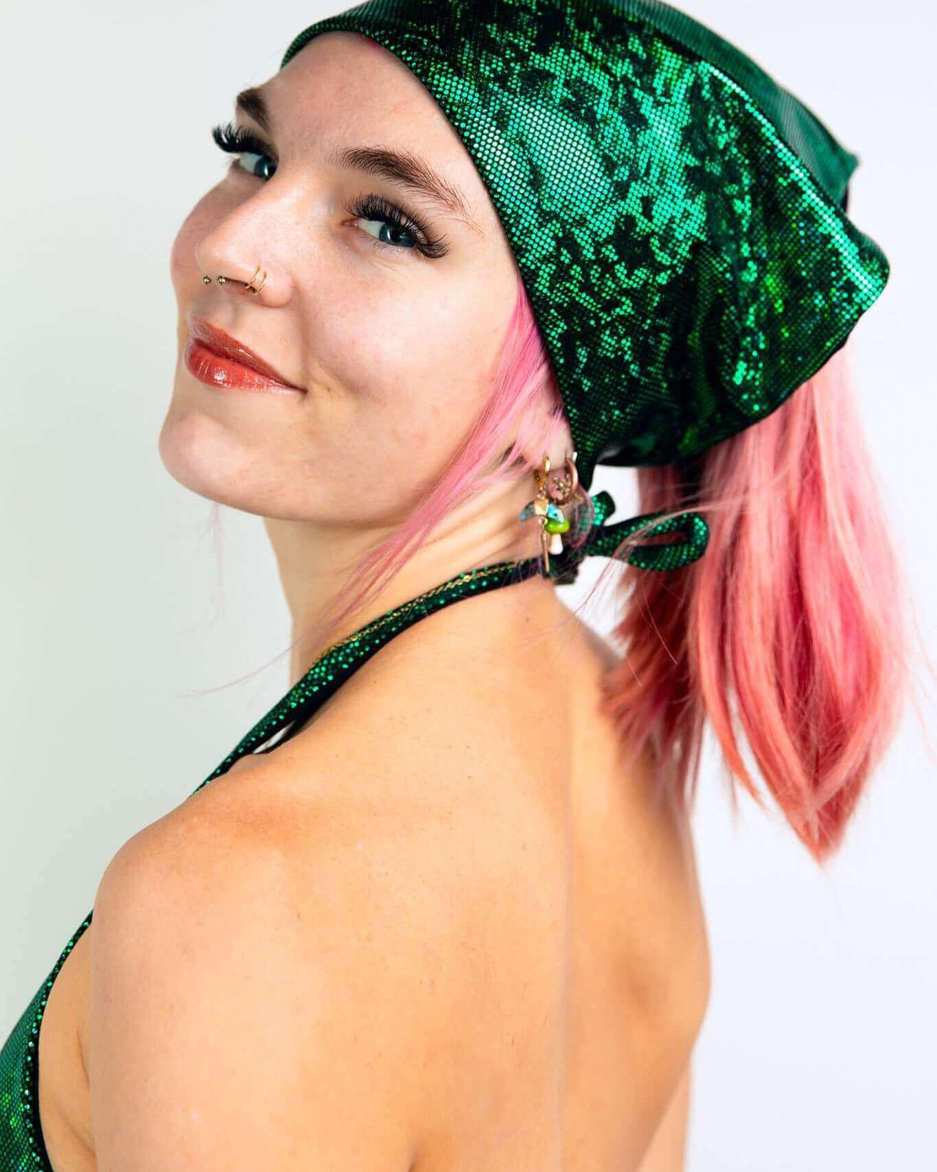 Model showcasing the Emerald Holo Bandana, a versatile accessory perfect for rave outfits and multiple styling options.