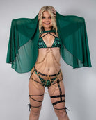 Model wearing emerald mesh bell sleeves with chain accessories, showcasing a stylish rave outfit.