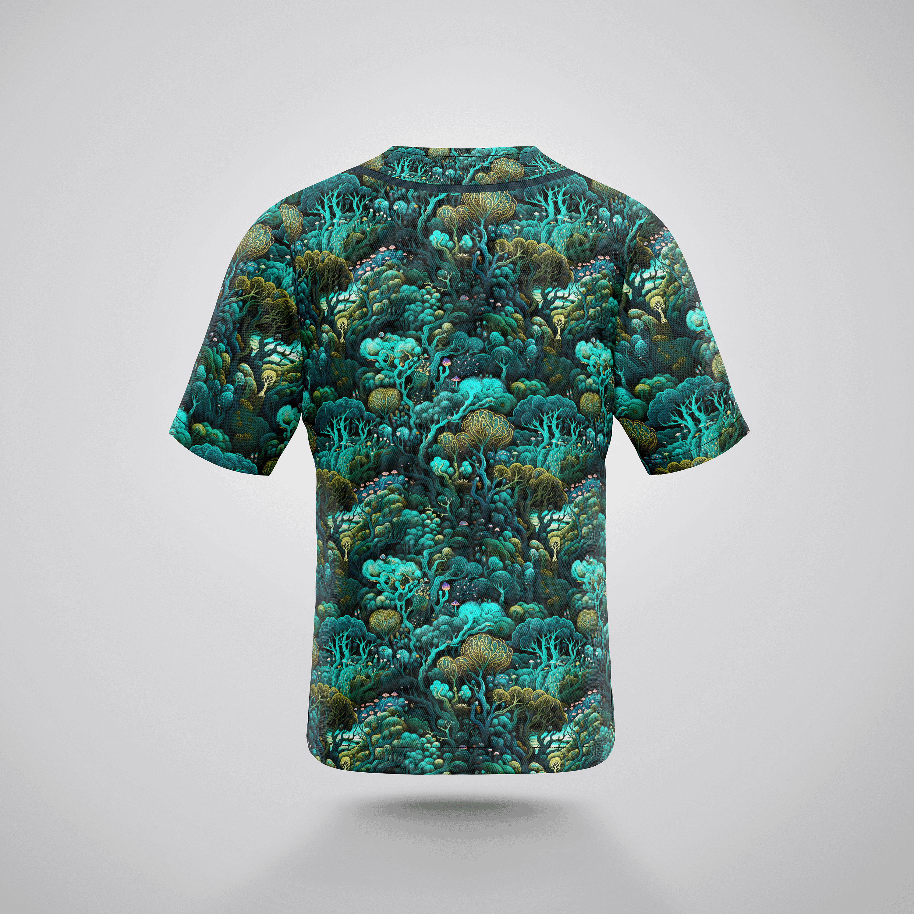 Rear view of Faewood Baseball Jersey showcasing forest-inspired green and teal print, perfect for festival and rave style.