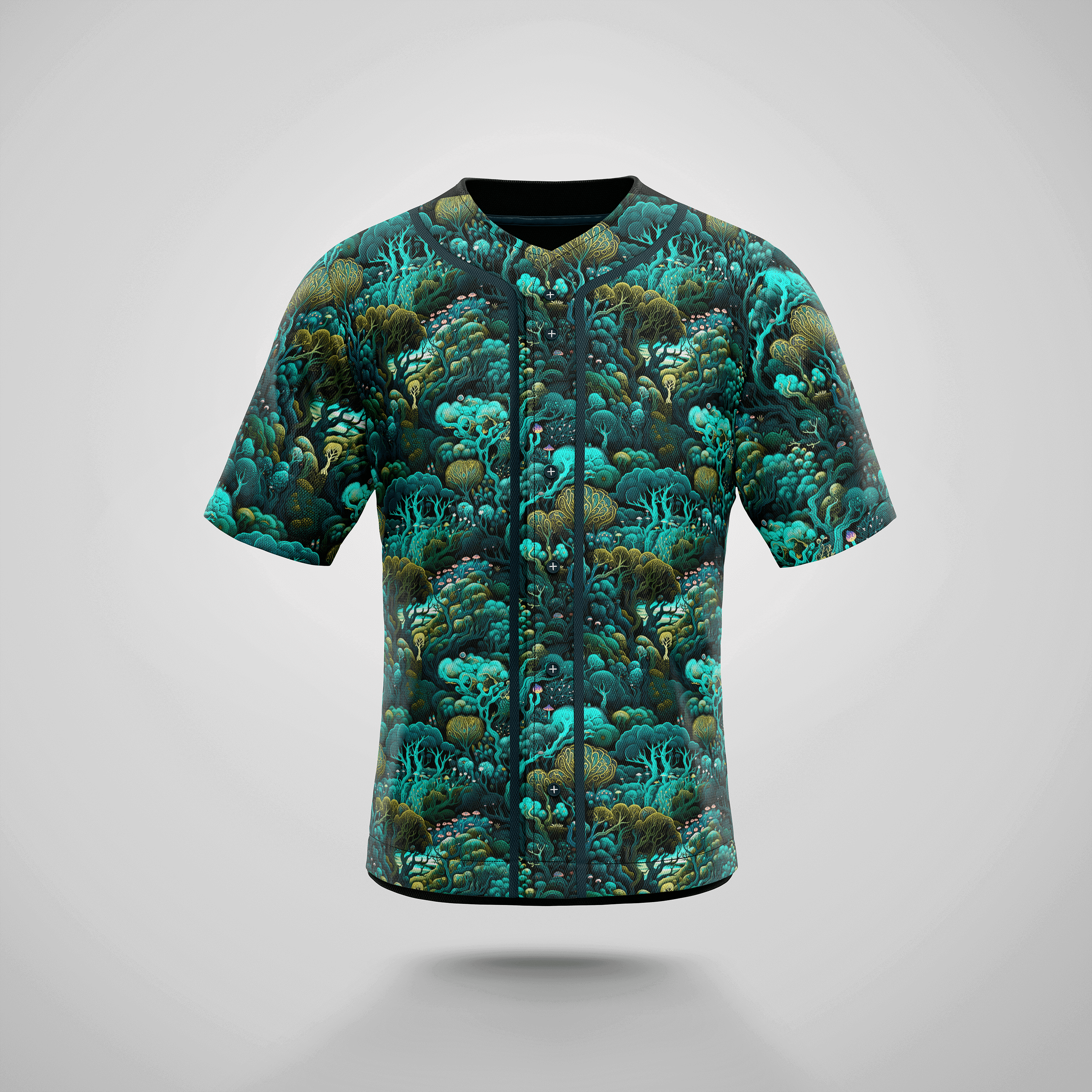 Front view of Faewood Baseball Jersey with green and teal forest-inspired design, perfect for nature-loving festival wear.