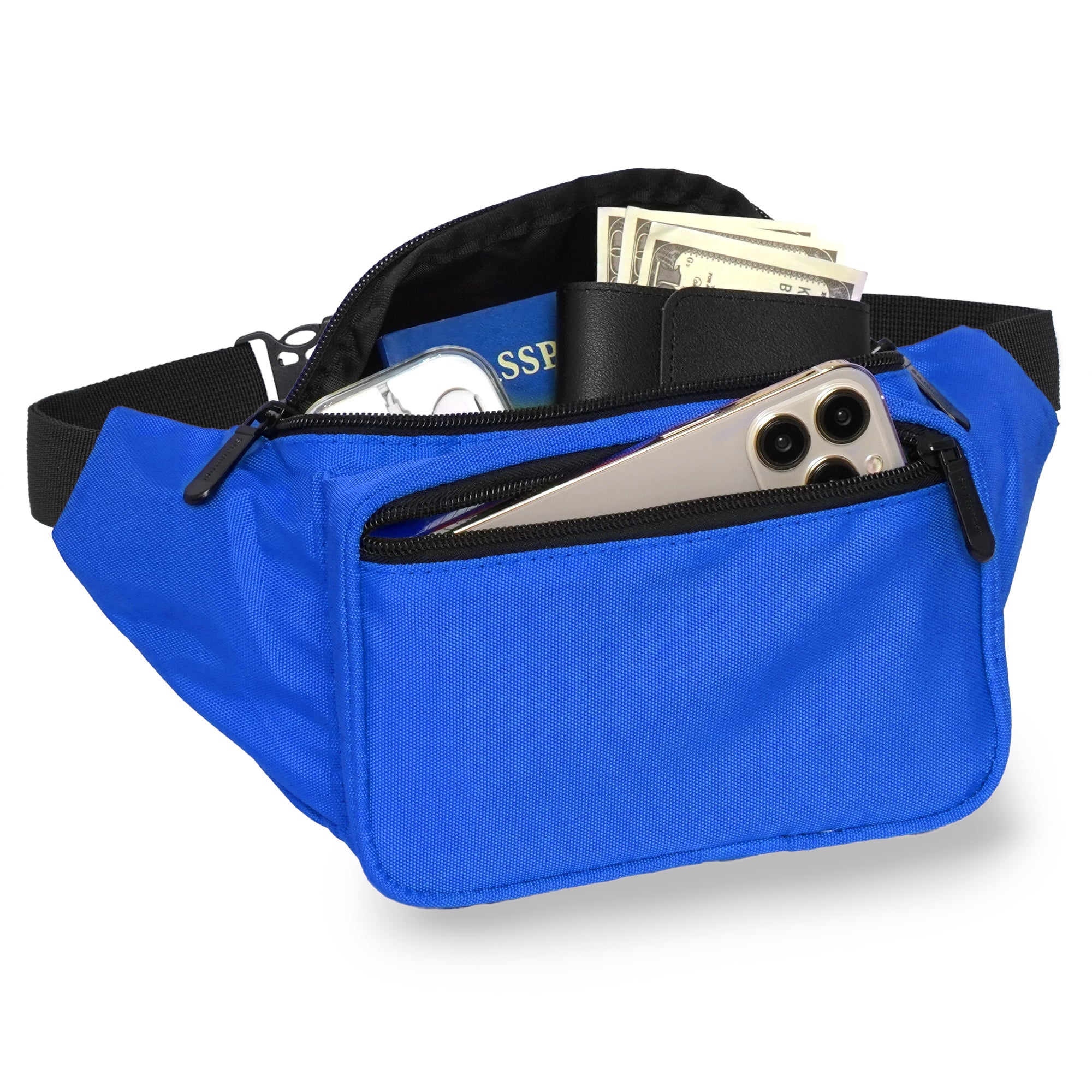Fanny Pack (Solids) in blue with multiple pockets, ideal for rave outfits and organized storage of essentials.