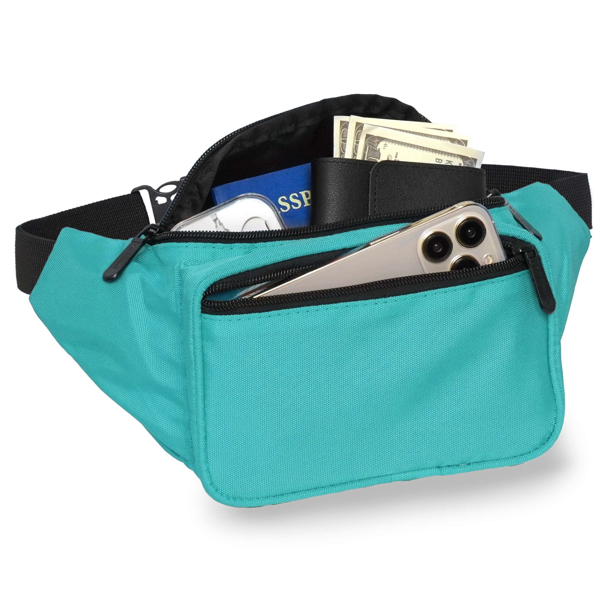 Fanny Pack (Solids) showing a spacious 3-pocket design with cash, phone, and cards, perfect for rave outfits.