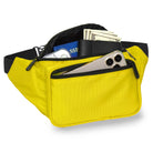 Fanny Pack (Solids) in vibrant yellow showing spacious 3-pocket design with cash, phone, and cards for organized carrying.
