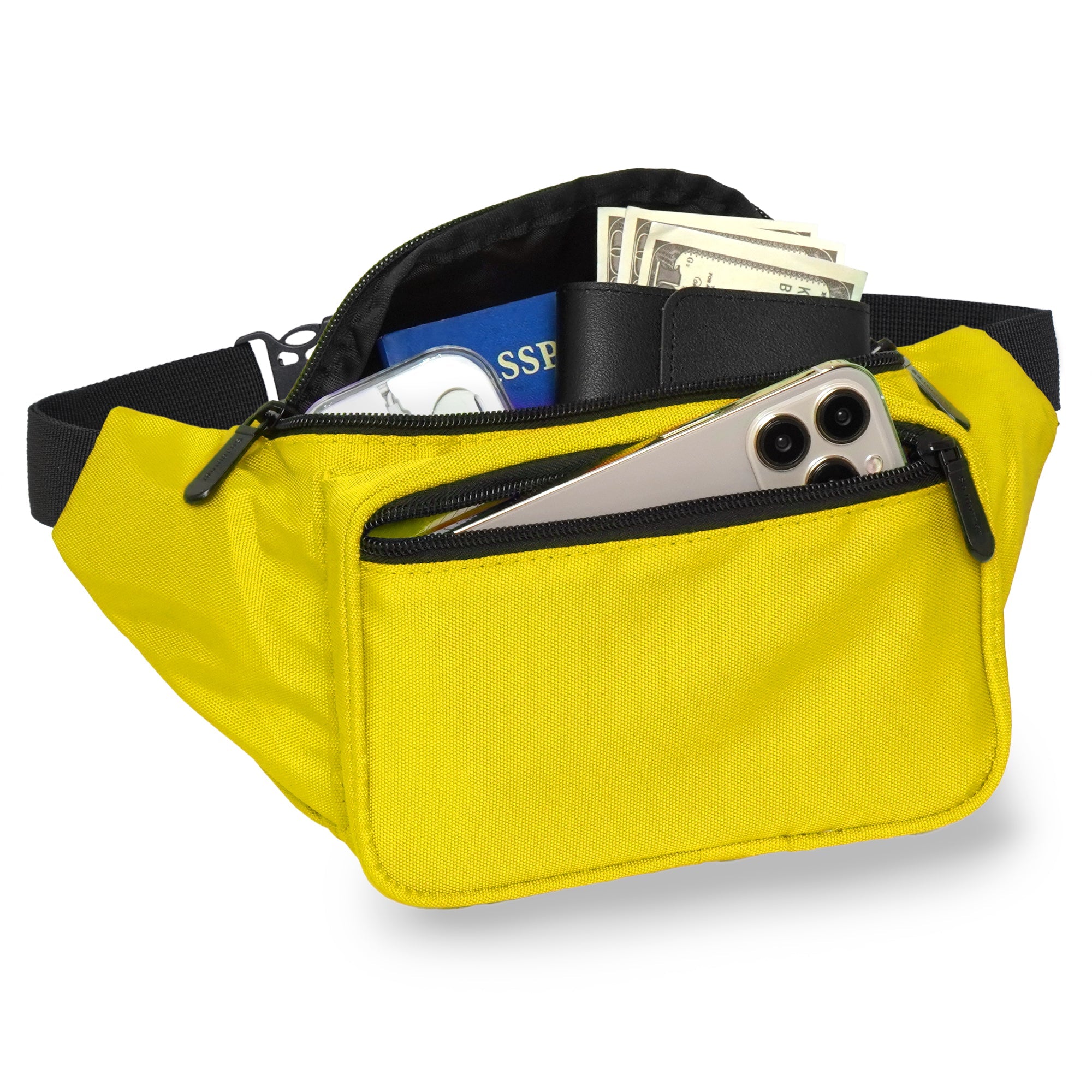 Fanny Pack (Solids) in vibrant yellow showing spacious 3-pocket design with cash, phone, and cards for organized carrying.