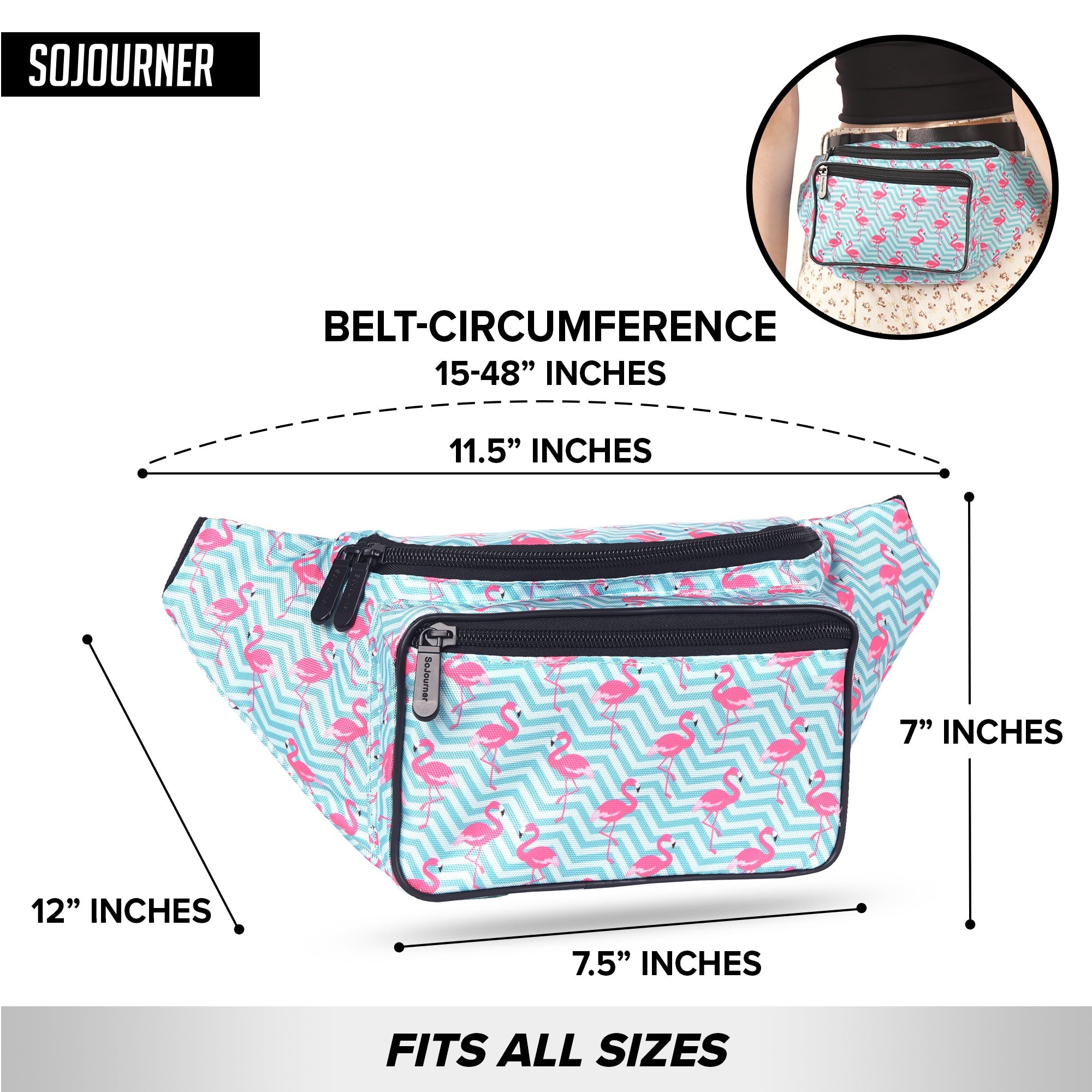 Fanny Pack (Solids) dimensions, fits all sizes with 15-48 inch belt circumference, perfect for rave outfits.