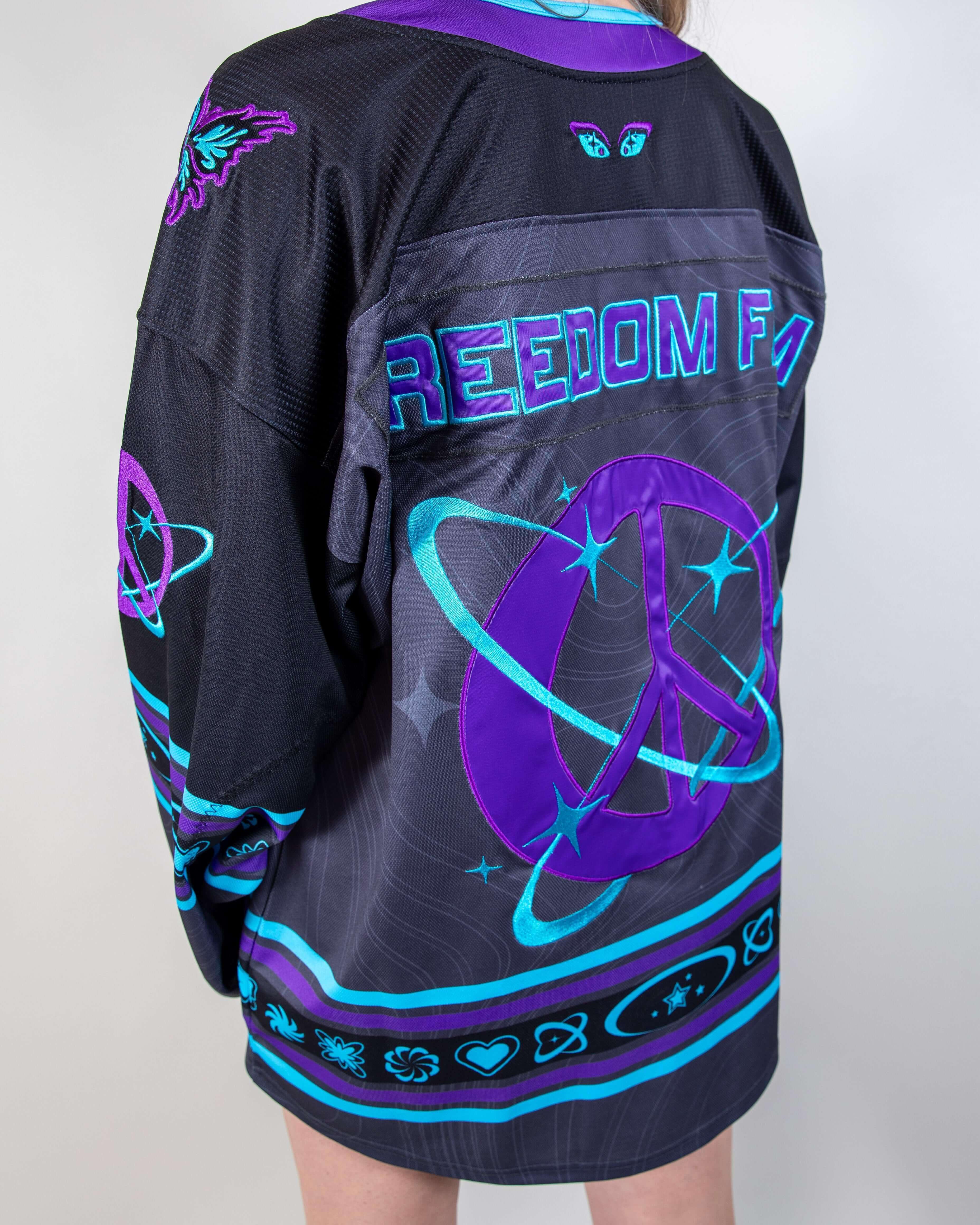 Freedom Fam hockey jersey showcasing bold purple and blue design, perfect for rave outfits and cozy comfort.