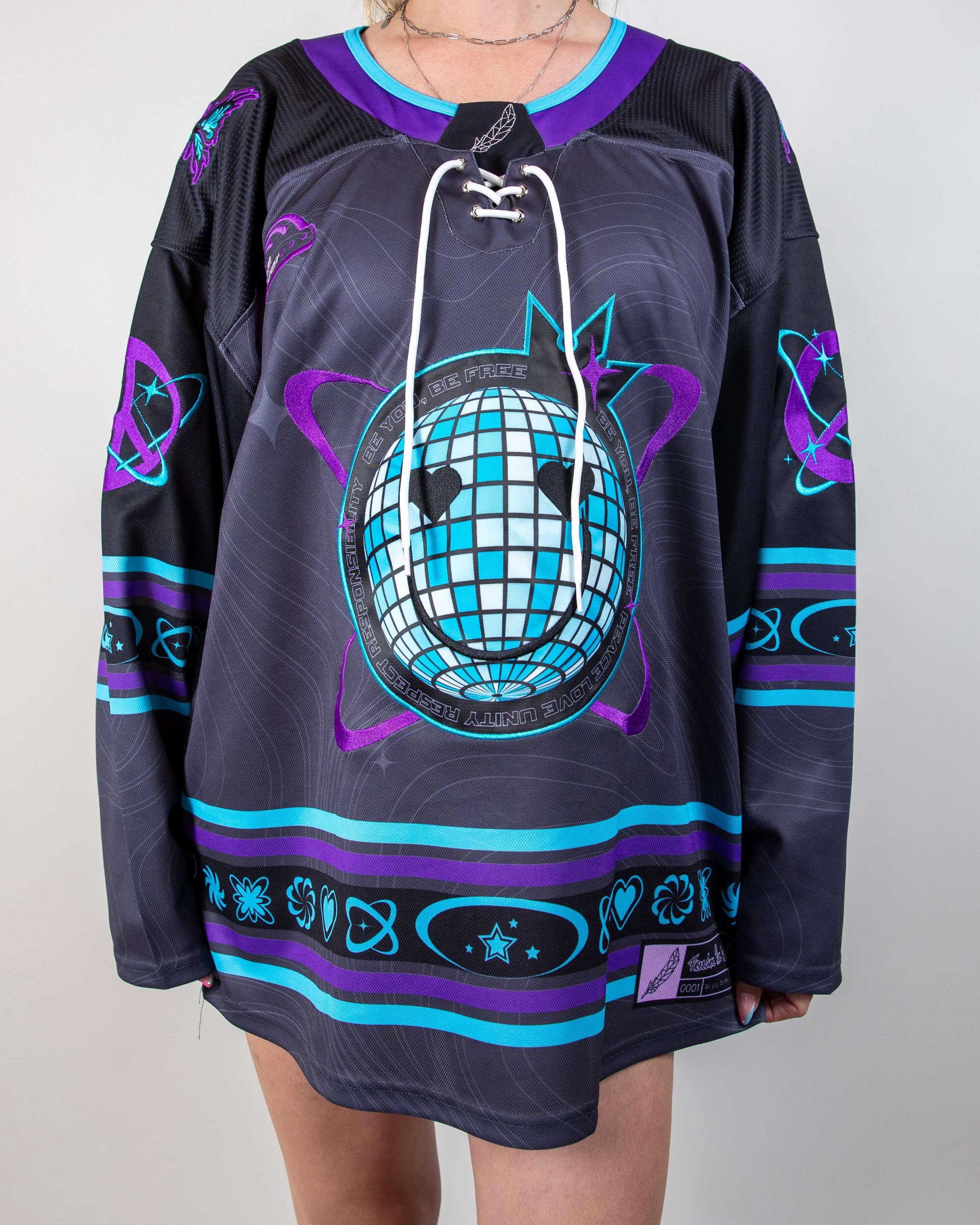 Limited edition Freedom Fam hockey jersey in bold purples and blues, perfect for rave outfits and optimal comfort.