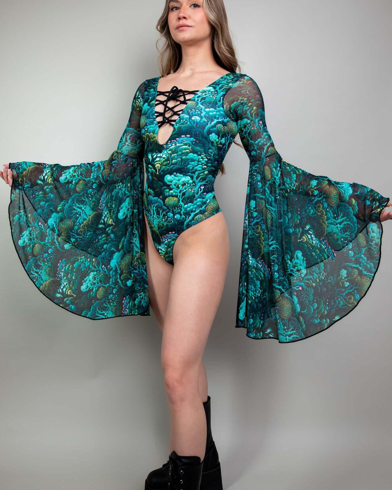 Faewood Goddess Bodysuit in vibrant teal with lace-up detailing and dramatic circle sleeves, perfect for rave outfits.