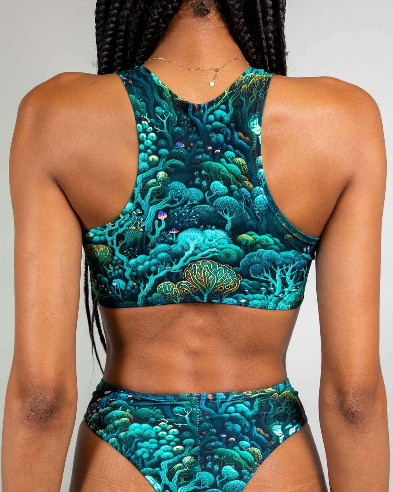 Back view of the Faewood Keyhole Top featuring a vibrant forest print, perfect for rave outfits and eco-friendly fashion.