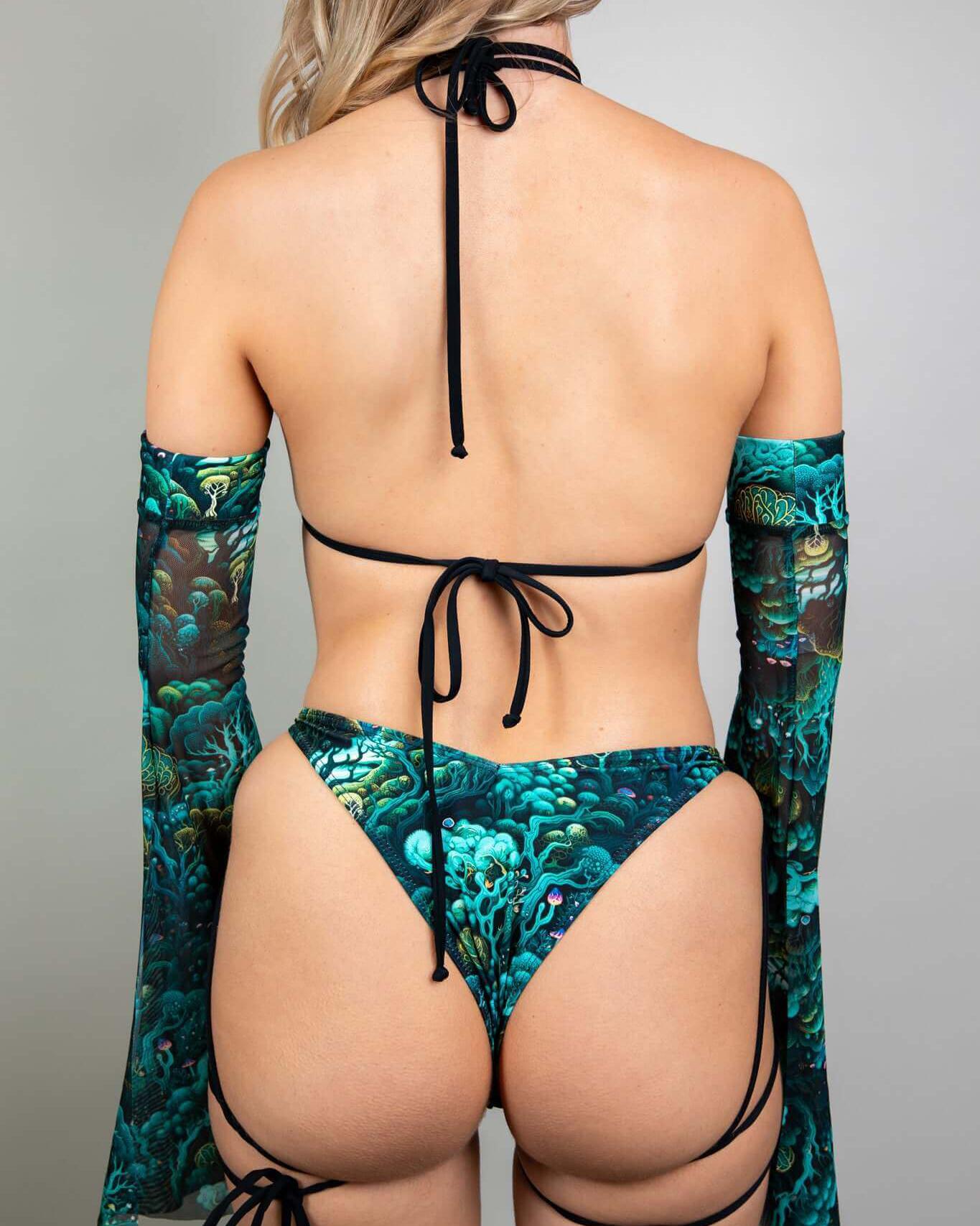 Back view of Faewood Strappy Bikini Top with enchanted forest design, perfect for rave outfits and festivals.