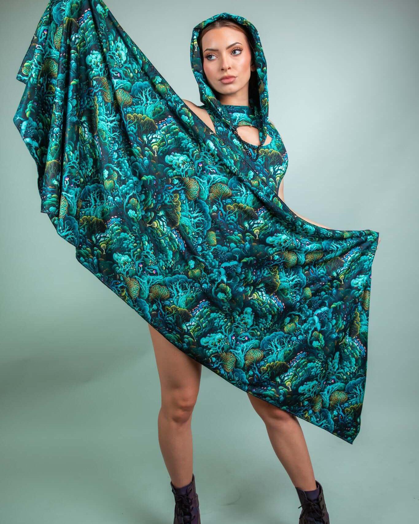 Model showcasing the Faewood Festival Scarf in vibrant green pattern, perfect for rave outfits and versatile styling options.