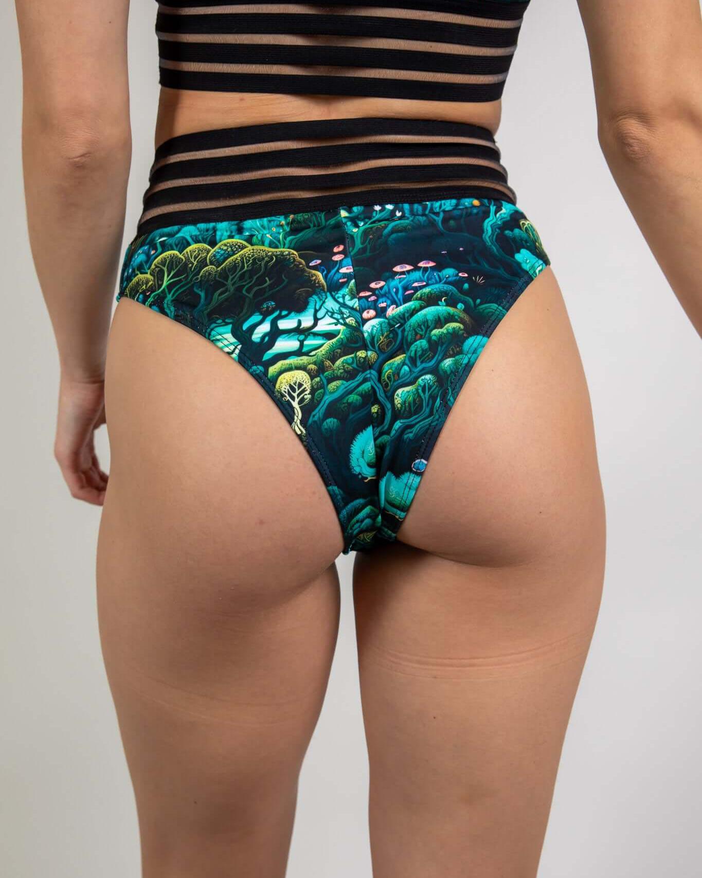 Female model showcasing Faewood Sporty Bottoms with Brazilian cheeky cut, perfect for rave outfits and festival wear.