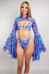 Fairycore mesh hooded bell sleeves rave outfit in vibrant pink, blue, and purple, perfect for festivals and parties.