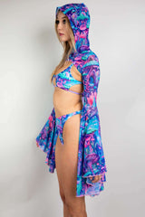 Fairycore mesh hooded bell sleeves in vibrant blue, pink, and purple, perfect for rave outfits and festivals.