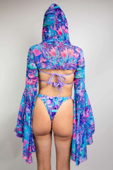 Fairycore mesh hooded bell sleeves in vibrant blue, pink, and purple, perfect for rave outfits and festivals.