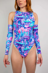 Fairycore high neck bodysuit in vibrant mushroom print, perfect for rave outfits and eco-friendly fashion.