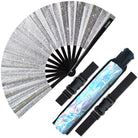 Festival Fans - large folding silver fan with holographic case for raves and parties, perfect for trendy rave outfits.