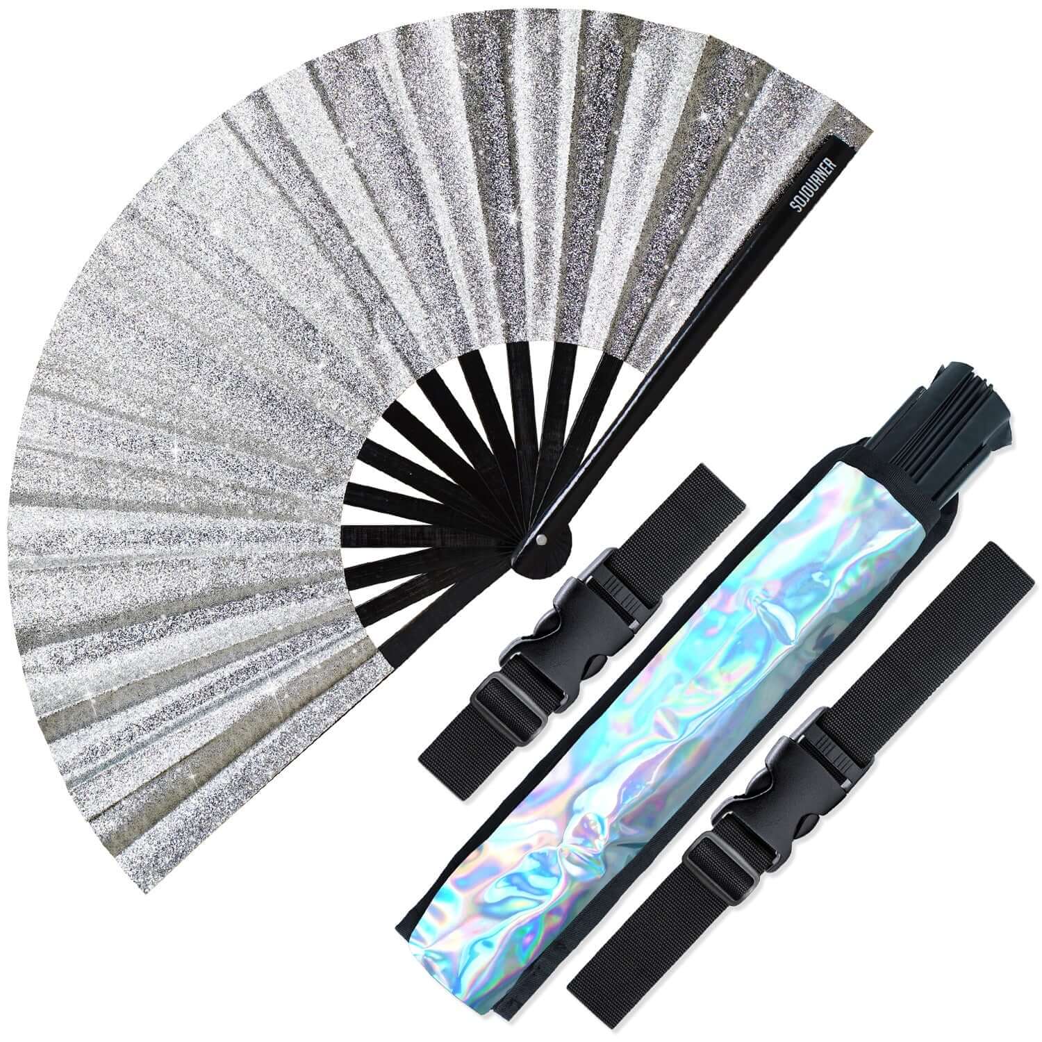 Festival Fans - large folding silver fan with holographic case for raves and parties, perfect for trendy rave outfits.
