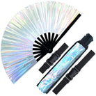 Festival Fans - Large folding holographic hand fan with stylish black handle, perfect for rave outfits and celebrations.