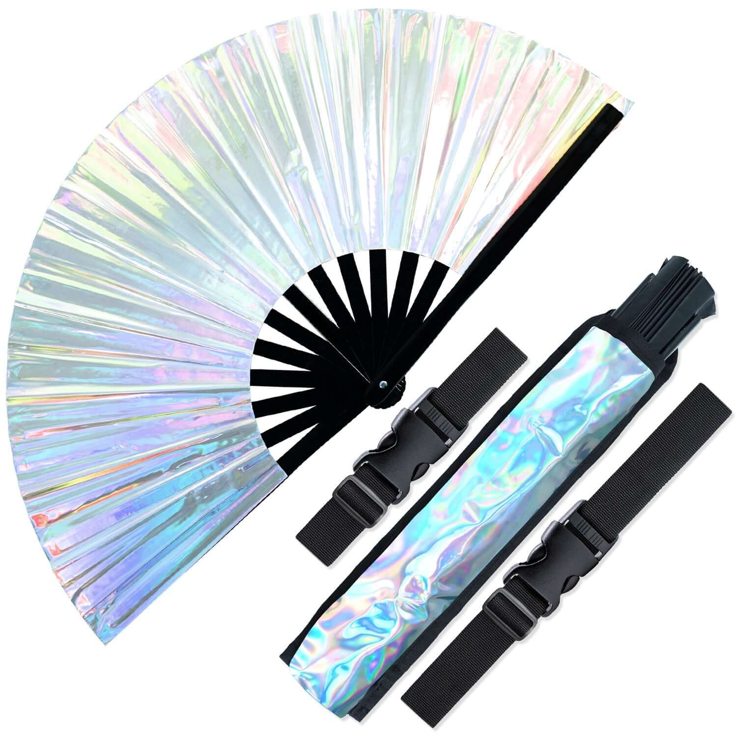 Festival Fans - Large folding holographic hand fan with stylish black handle, perfect for rave outfits and celebrations.