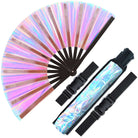 Festival Fans - Large folding holographic bamboo fan and carrying case for rave outfits and events.