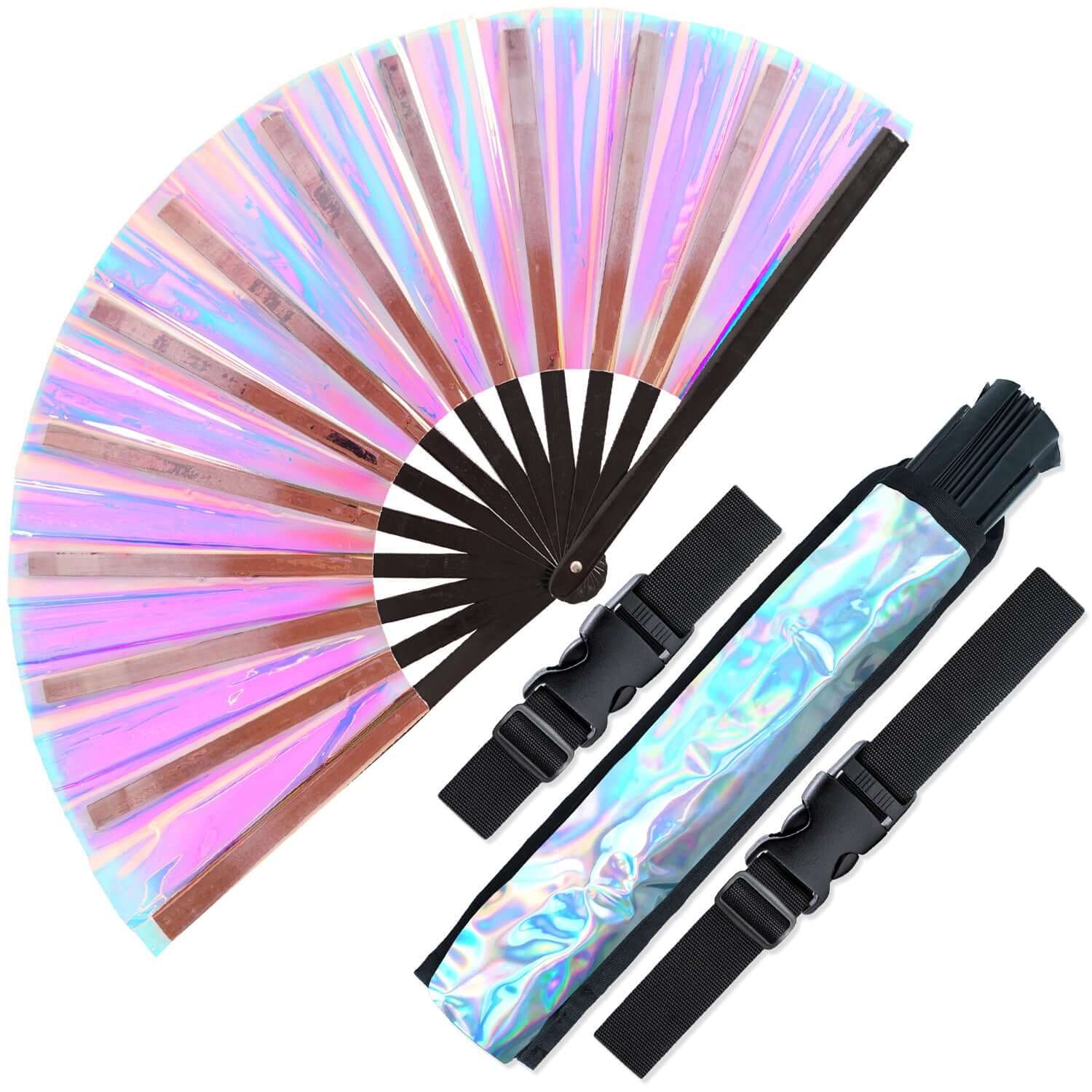 Festival Fans - Large folding holographic bamboo fan and carrying case for rave outfits and events.