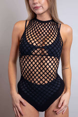 High neck sleeveless fishnet bodysuit in black, showcasing open fishnet design, perfect for rave outfits.